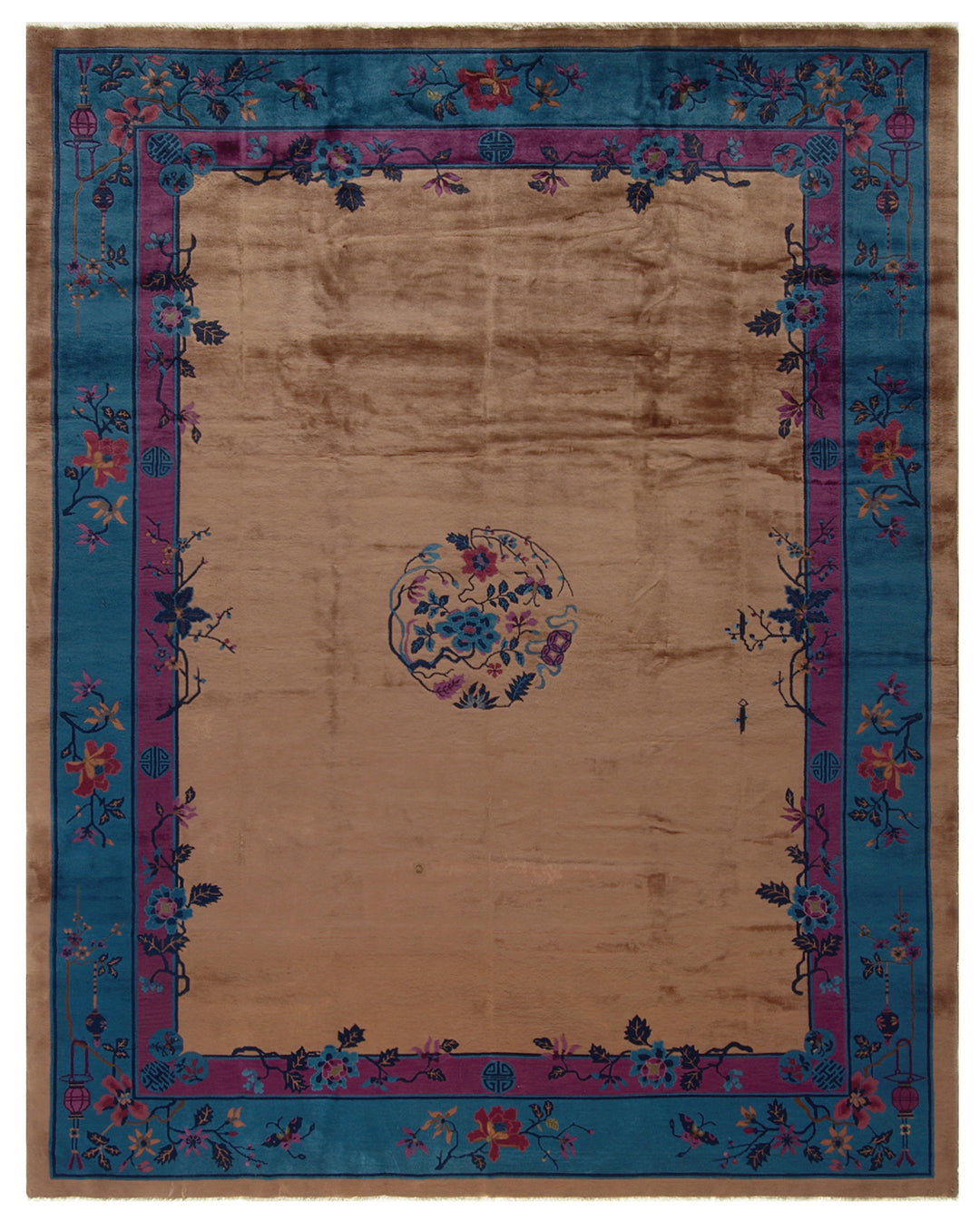 9'x11' Brown and Blue Vintage Chinese Art Deco Rug