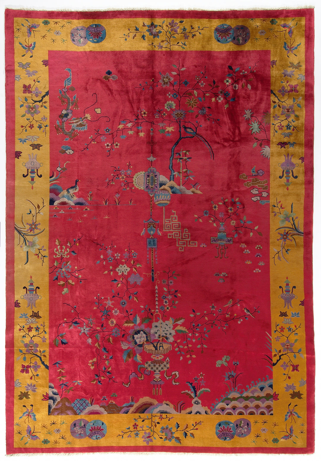 10'x14' Red and Golden Yellow Floral Chinese Art Deco Vintage Rug