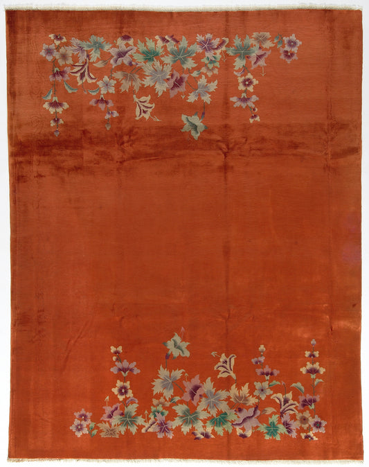 9'x11' Orange Floral Vintage Chinese Art Deco Rug