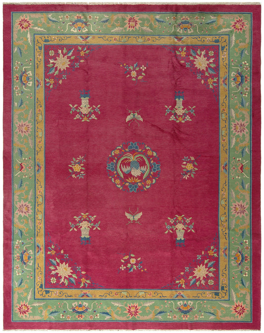 10'x13' Pink And Green Vintage Chinese Art Deco Rug