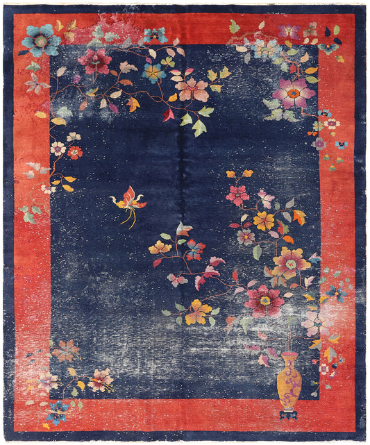 9'x12' Navy Blue and Red Vintage Floral Chinese Art Deco Rug