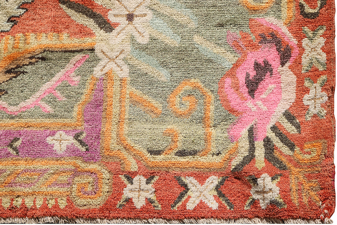 5'x8' Red Celadon Sage Pink Orange Floral Design Vintage Samarkand Yarkand Rug