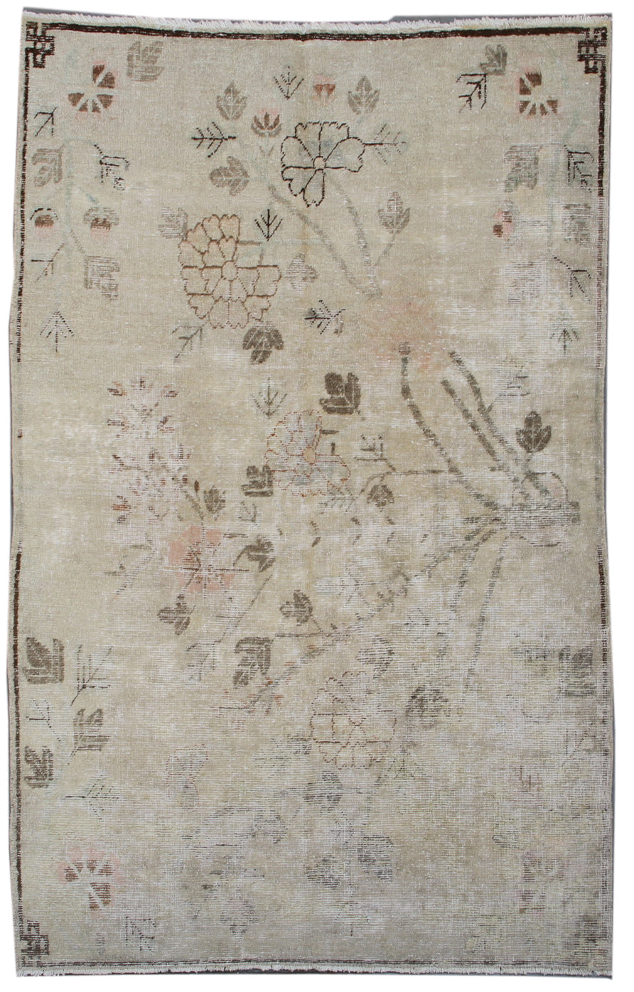 6.04 x 4.03 Distressed Washed-out Vintage Antique Samarkand Khotan Area Rug