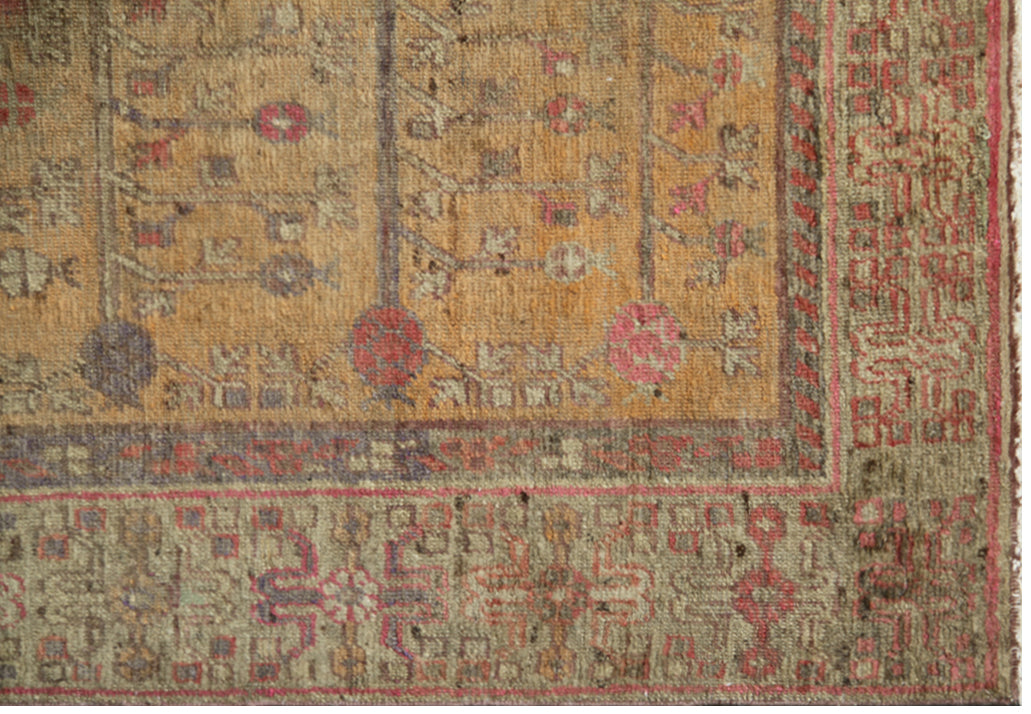9.05 x 5.01 Vintage Yellow Pomegranate Design Hand-knotted Antique Samarkand Khotan Rug