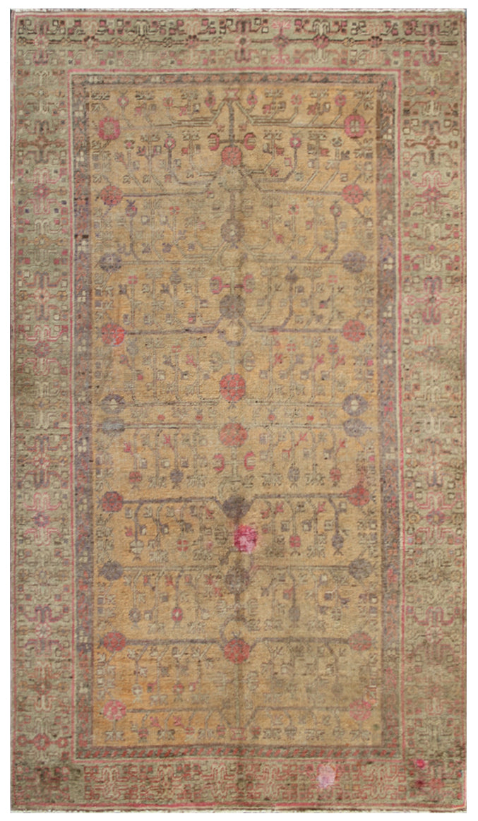 9.05 x 5.01 Vintage Yellow Pomegranate Design Hand-knotted Antique Samarkand Khotan Rug