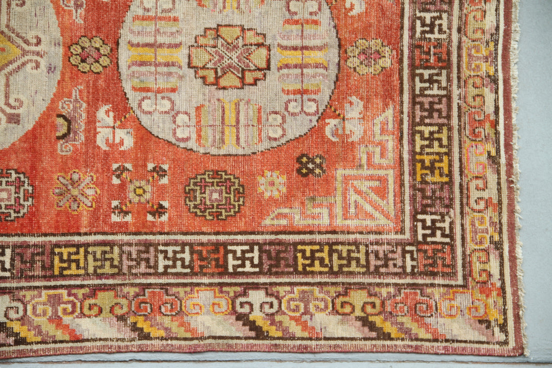 5'x9' Orange Red Aqua Medallion Vintage Antique Samarkand Khotan Area Rug