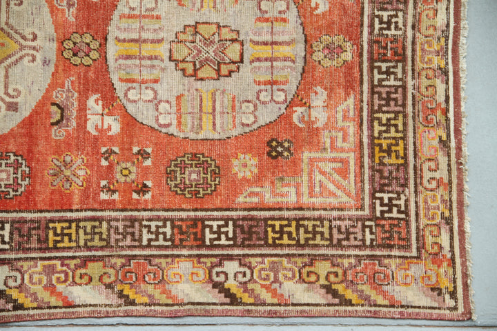 5'x9' Orange Red Aqua Medallion Vintage Antique Samarkand Khotan Area Rug