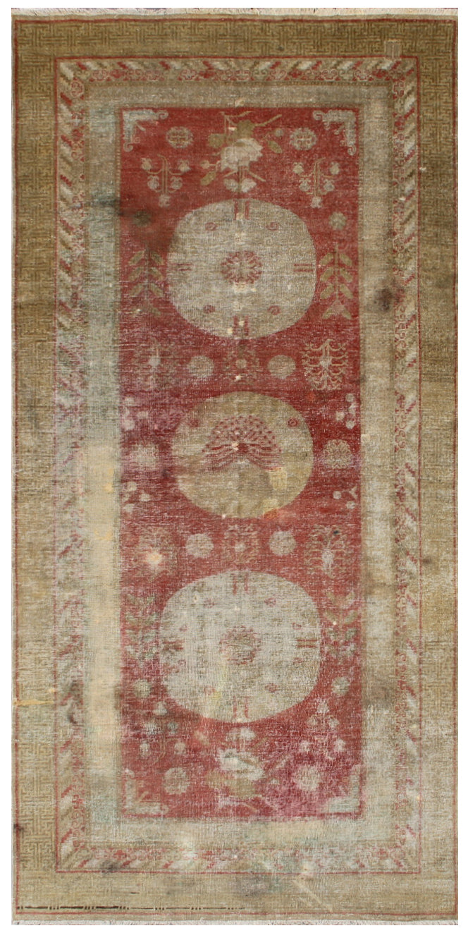 9.07 x 4.09 Vintage Three Medallion Antique Samarkand Khotan Area Rug