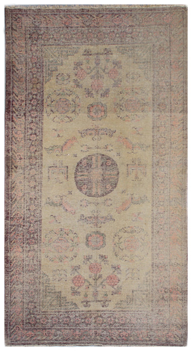 9.07 x 4.11 Yellow Gold Vintage Antique Hand-Knotted Samarkand Khotan Area Rug