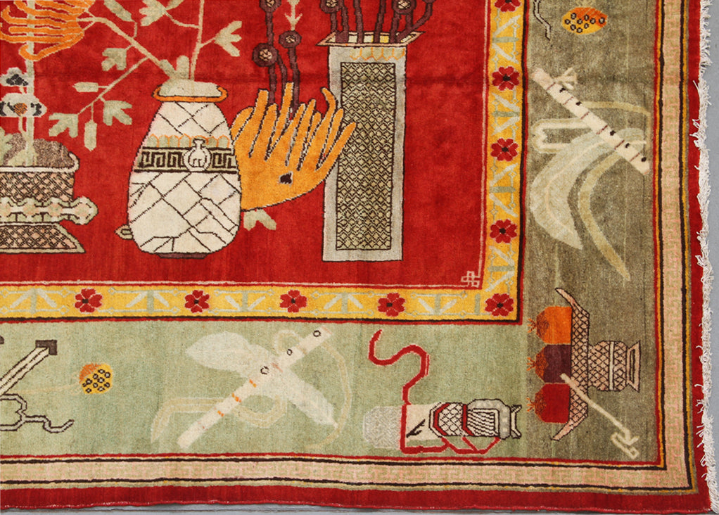 7'x14 Colorful Red Green Antique and Semi Antique Samarkand Khotan Area Rug