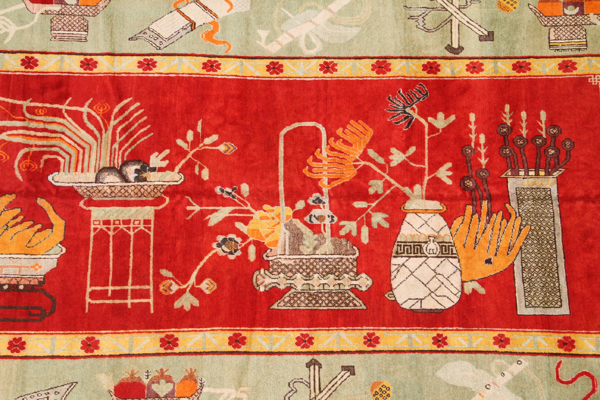 7'x14 Colorful Red Green Antique and Semi Antique Samarkand Khotan Area Rug