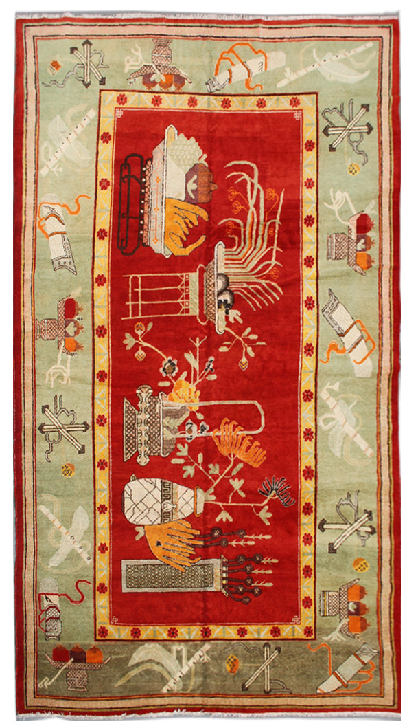7'x14 Colorful Red Green Antique and Semi Antique Samarkand Khotan Area Rug