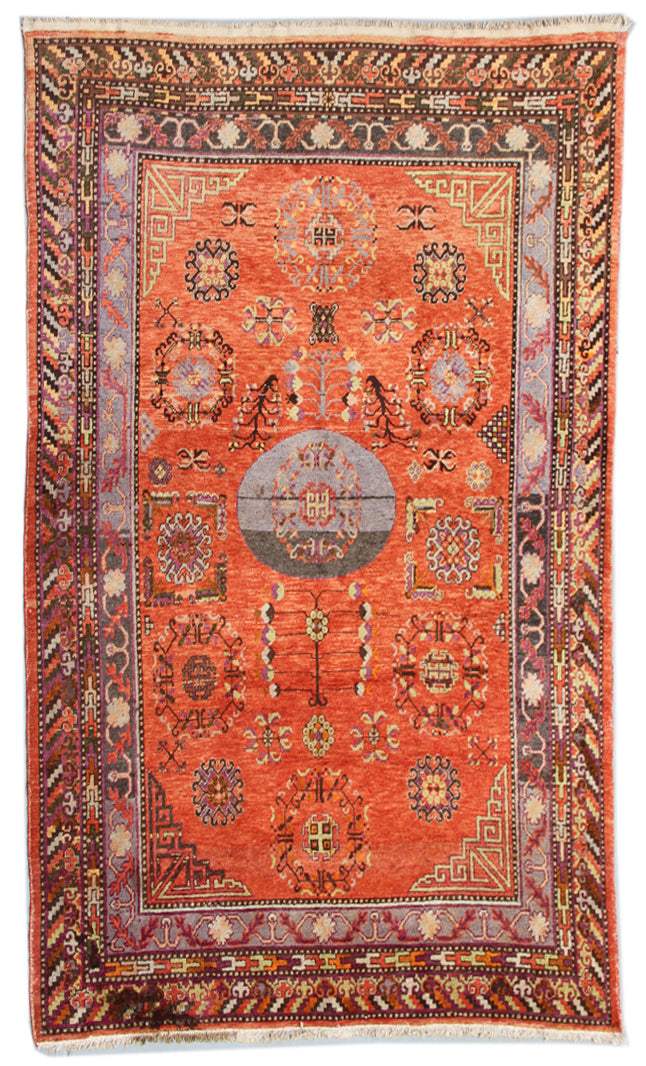 9.04 x 5.10 Vintage Orange Medallion Antique Samarkand Khotan Rug