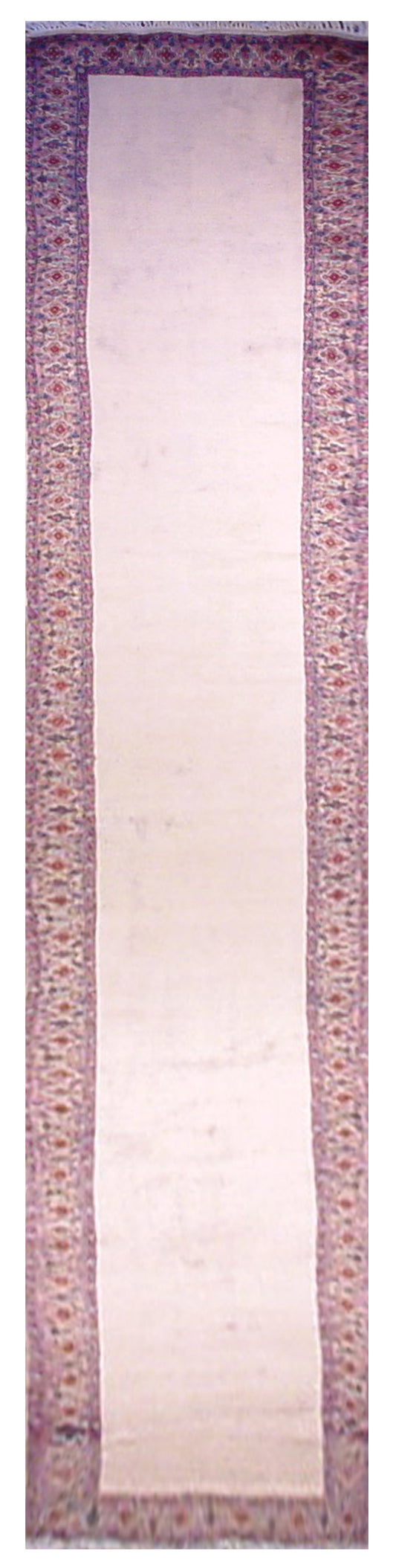 3'x20' Ivory Open Field Red Blue Border Vintage Persian Kerman Rug