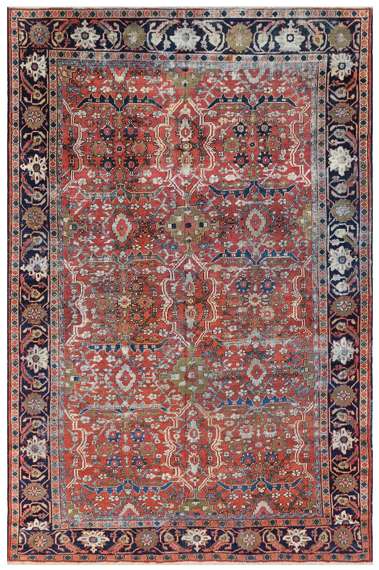 9'x12' Rust Blue Ivory Geometric Antique Persian Mahal Rug