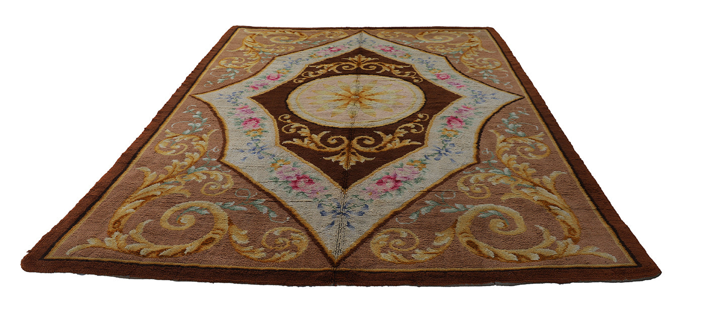 10'x13' Brown Gold Ivory Pink Antique Spanish Savonnerie Rug