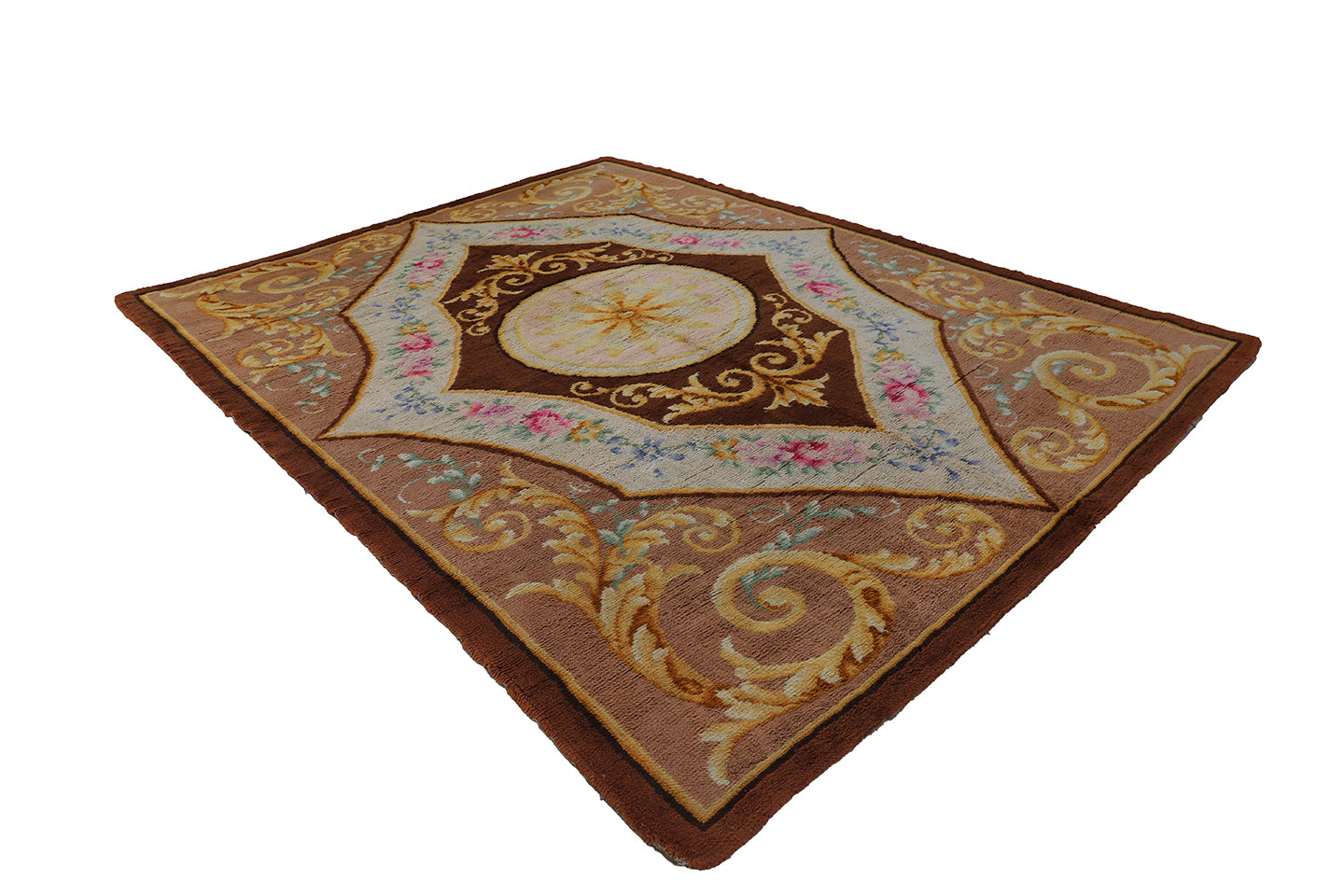 10'x13' Brown Gold Ivory Pink Antique Spanish Savonnerie Rug