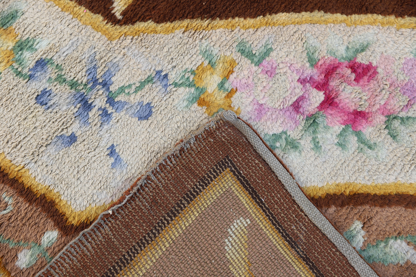 10'x13' Brown Gold Ivory Pink Antique Spanish Savonnerie Rug