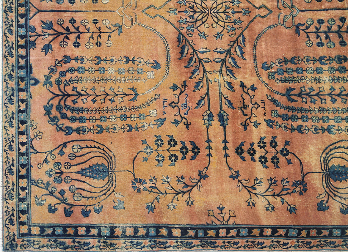 7'x15' Salmon and Blue Floral Antique Persian Kerman Rug
