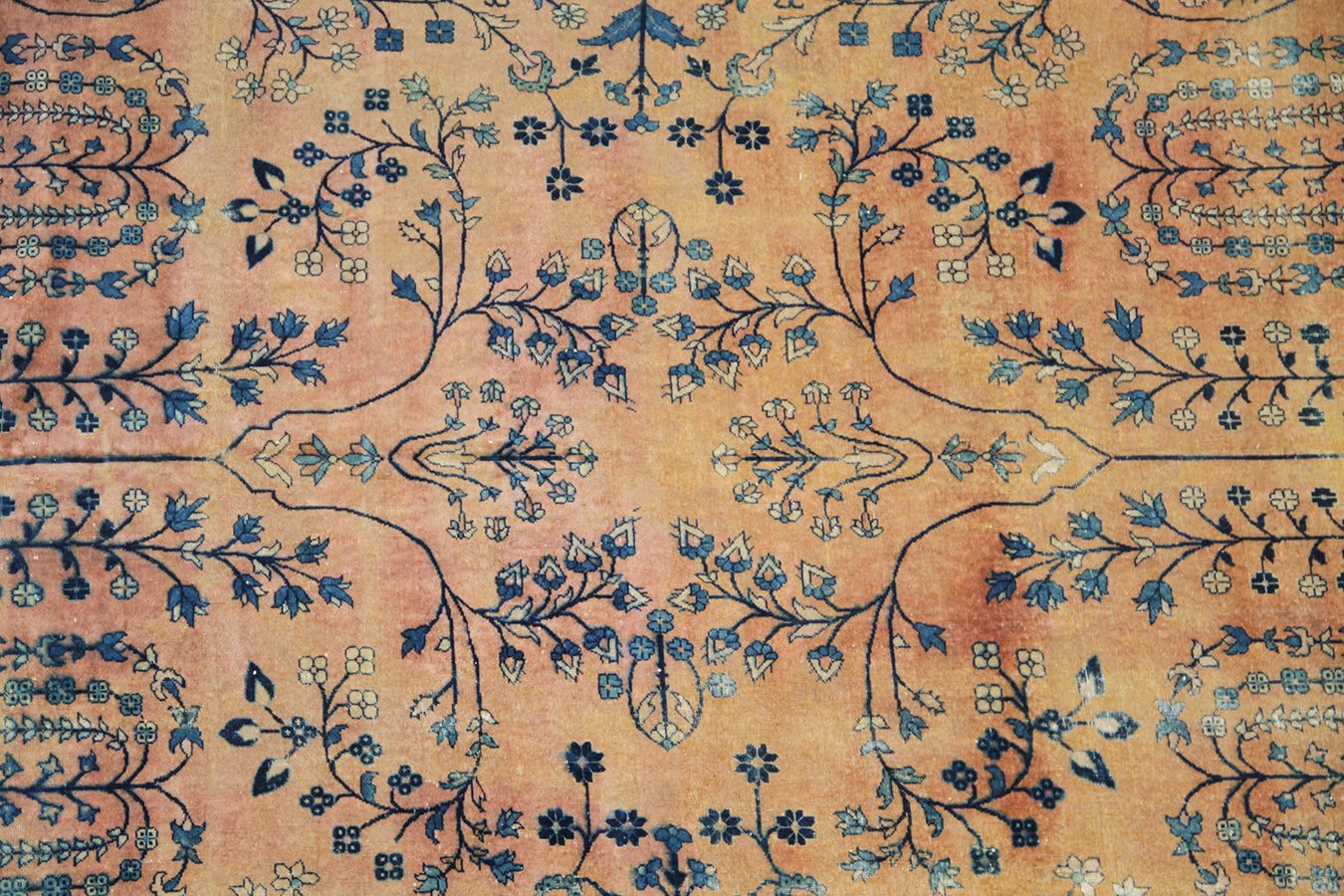 7'x15' Salmon and Blue Floral Antique Persian Kerman Rug