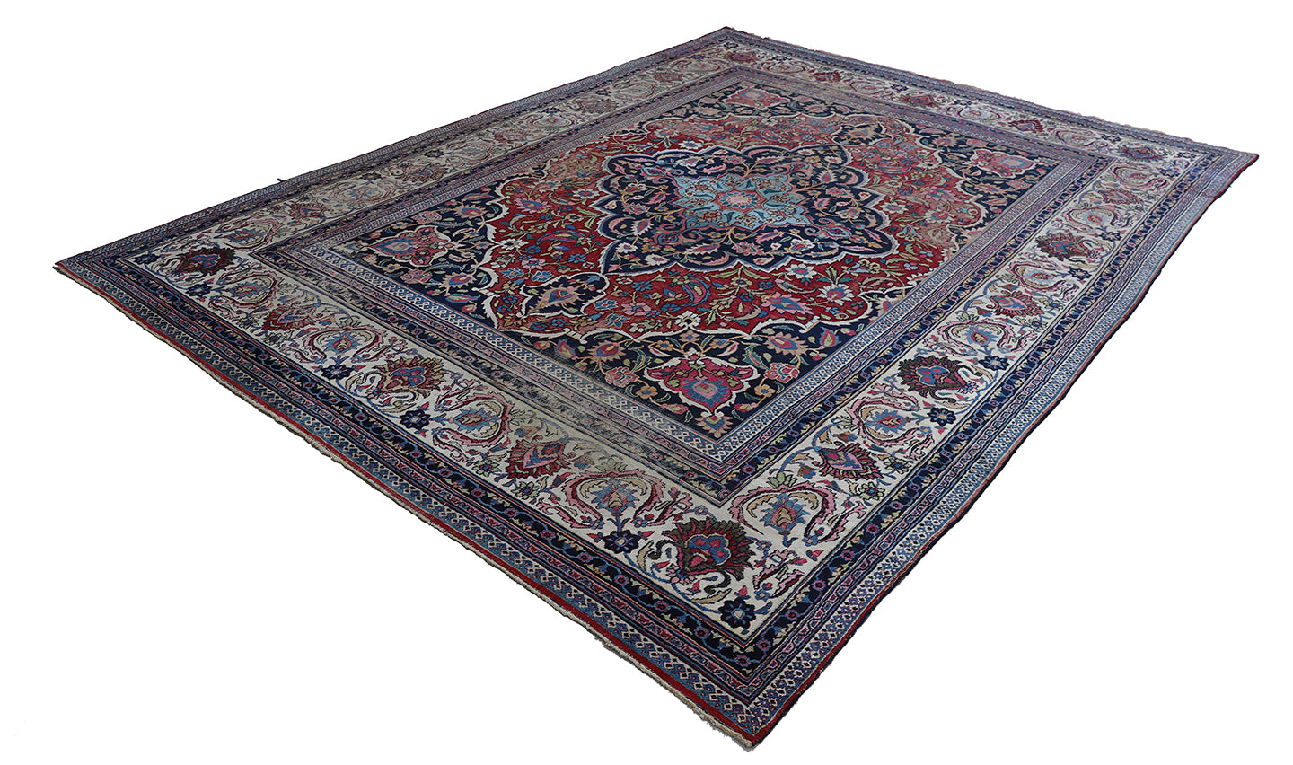10'x13' Antique Burgundi Navy Blue Ivory Worn-out Persian Mashad Rug Classic Design