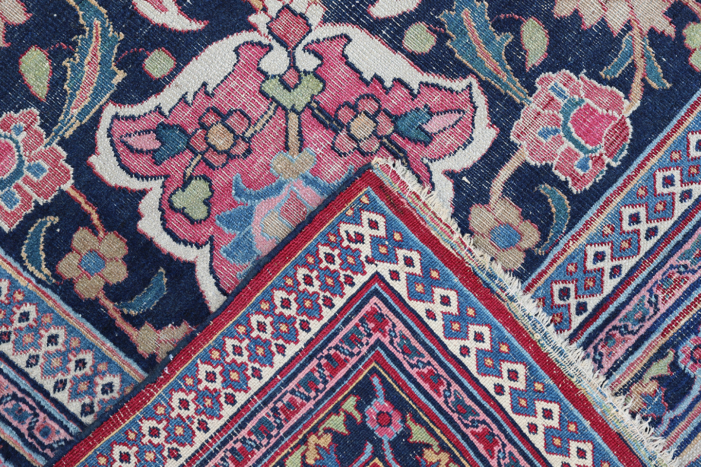 10'x13' Antique Burgundi Navy Blue Ivory Worn-out Persian Mashad Rug Classic Design