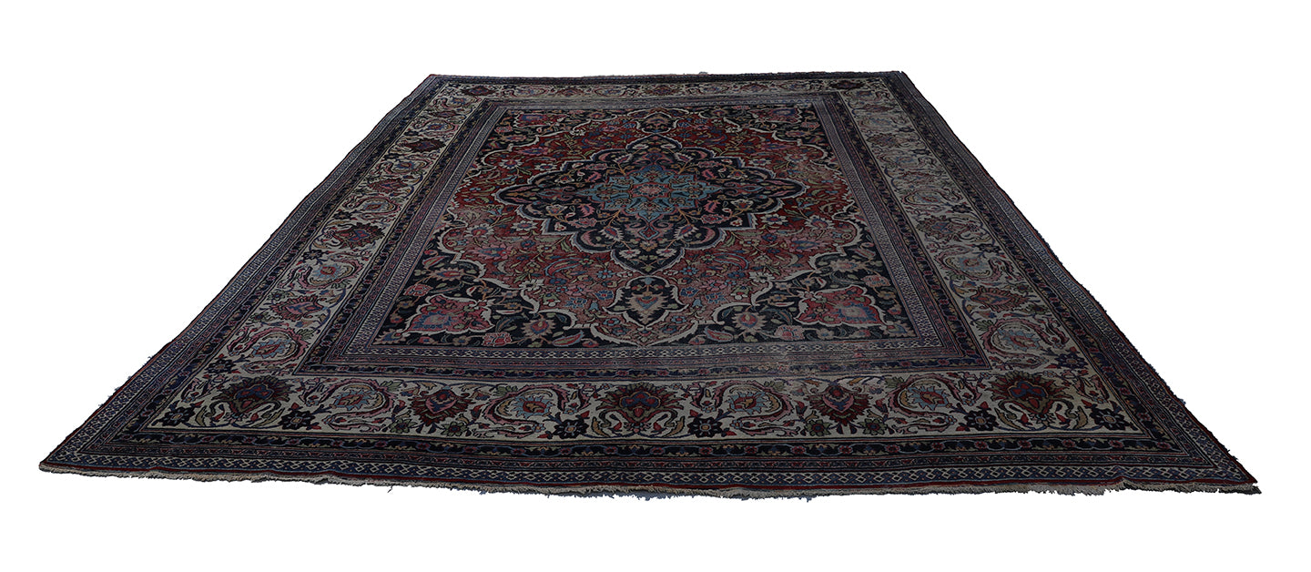 10'x13' Antique Burgundi Navy Blue Ivory Worn-out Persian Mashad Rug Classic Design