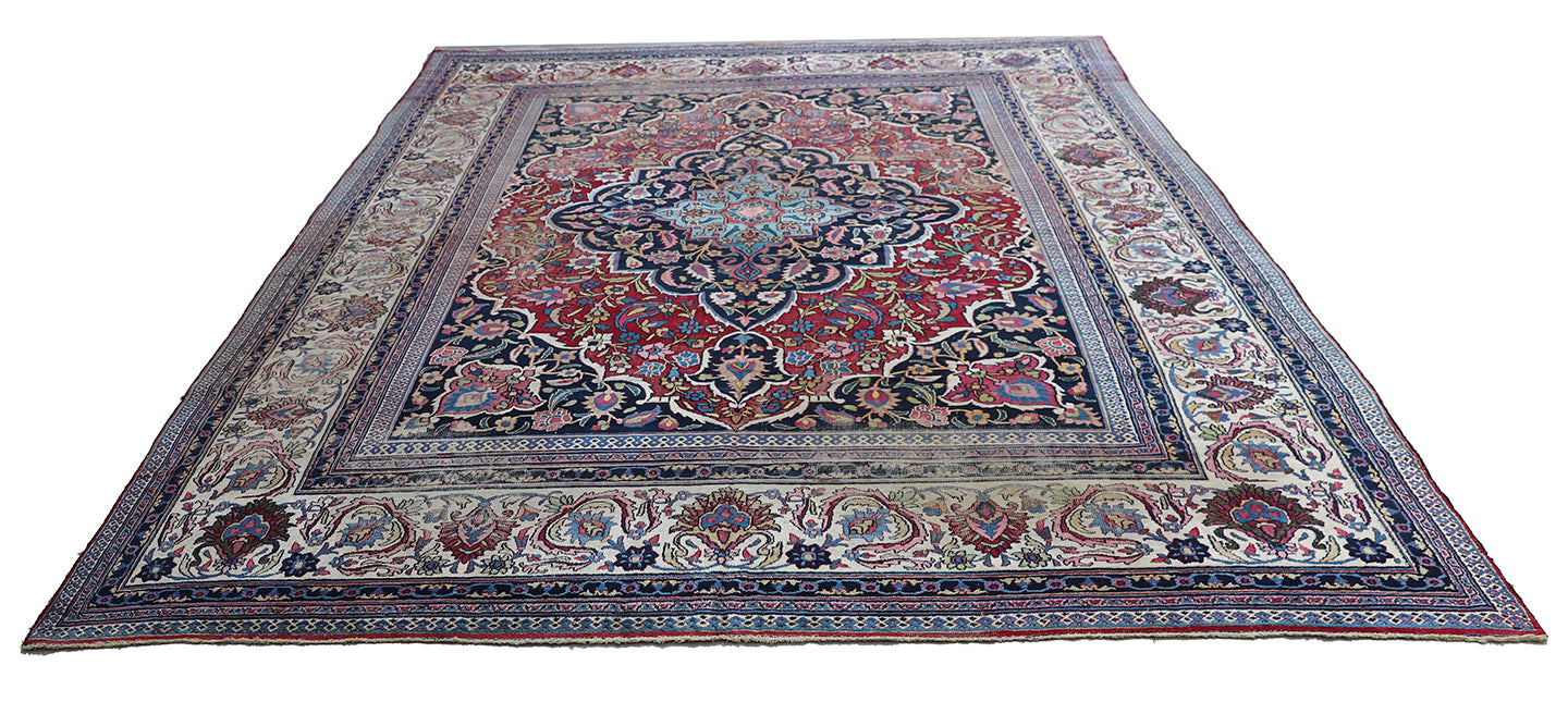 10'x13' Antique Burgundi Navy Blue Ivory Worn-out Persian Mashad Rug Classic Design