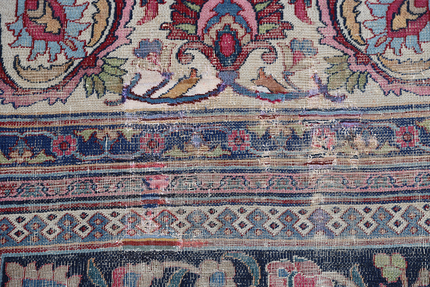 10'x13' Antique Burgundi Navy Blue Ivory Worn-out Persian Mashad Rug Classic Design