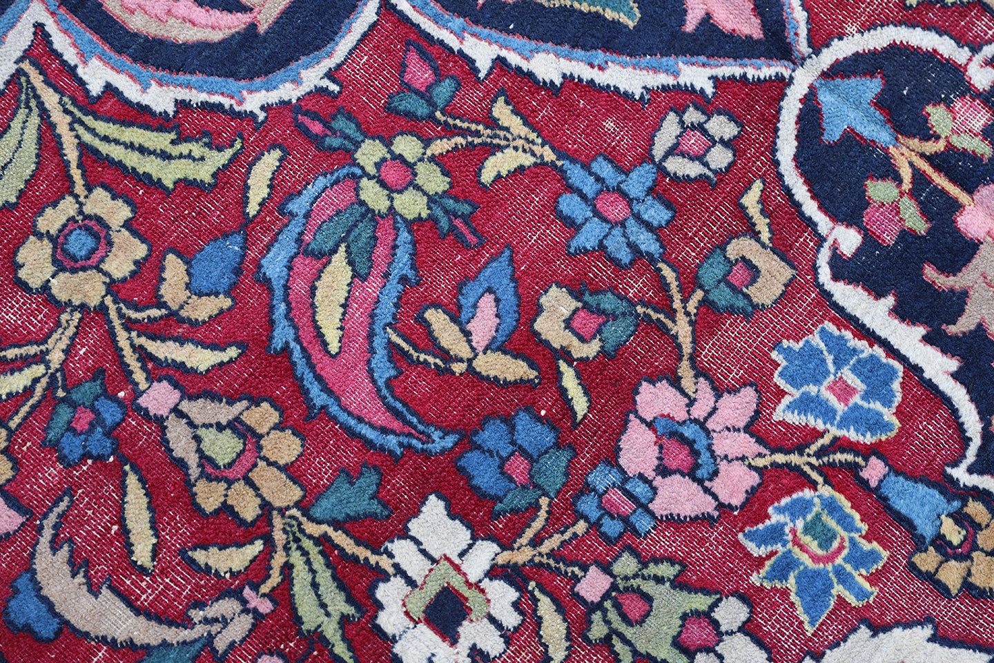 10'x13' Antique Burgundi Navy Blue Ivory Worn-out Persian Mashad Rug Classic Design