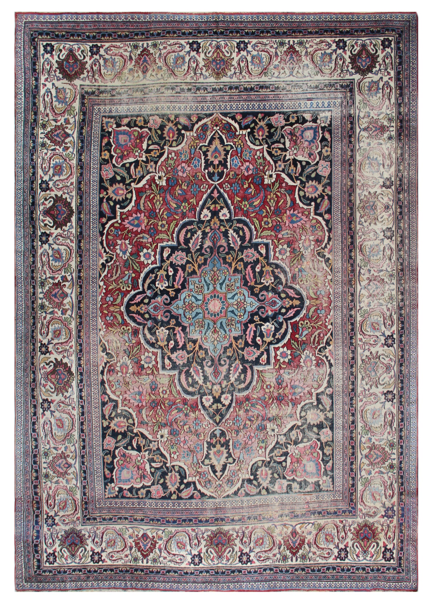 10'x13' Antique Burgundi Navy Blue Ivory Worn-out Persian Mashad Rug Classic Design