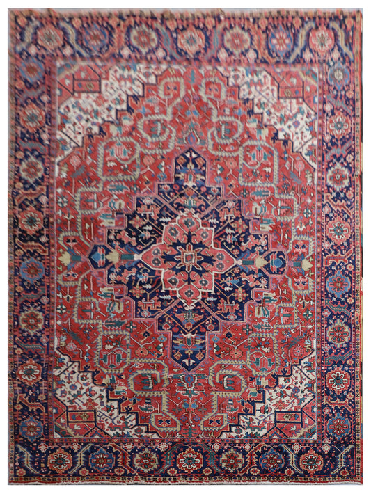 9'x12' Red Navy Blue Ivory Camel Pink Geometric Persian Heriz Rug