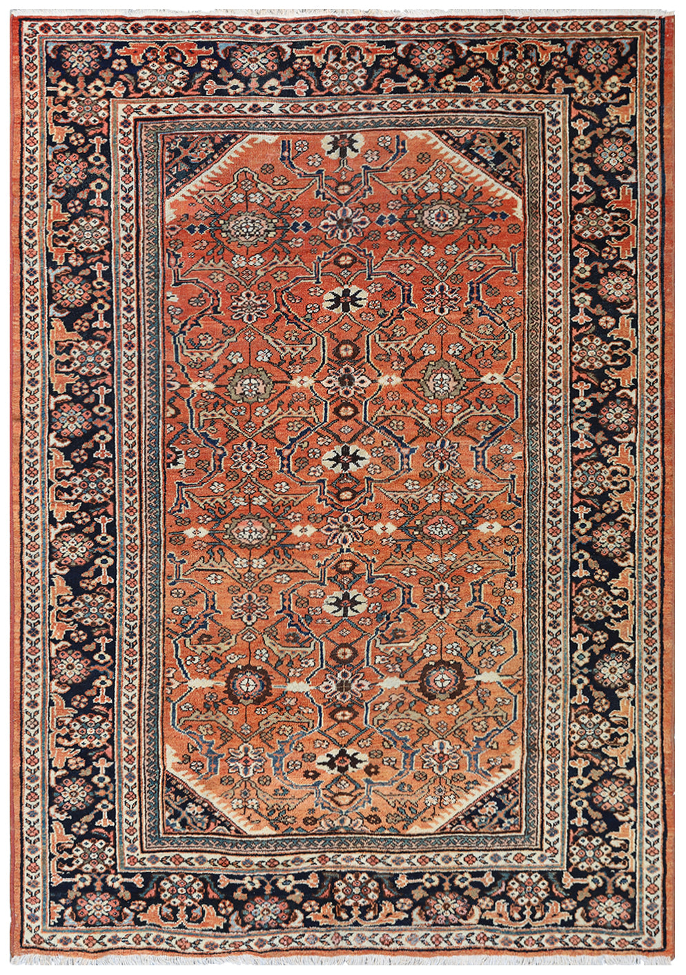 7'x10' Orange Coral Navy Ivory Vintage Persian Mahal Rug