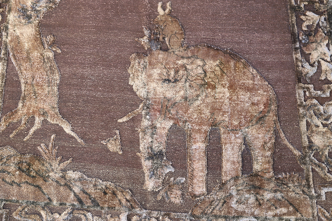 4x6 Elephant Rabbit And Owl Pictorial Antique Samarkand with Metal Background and Silk Pile Rug