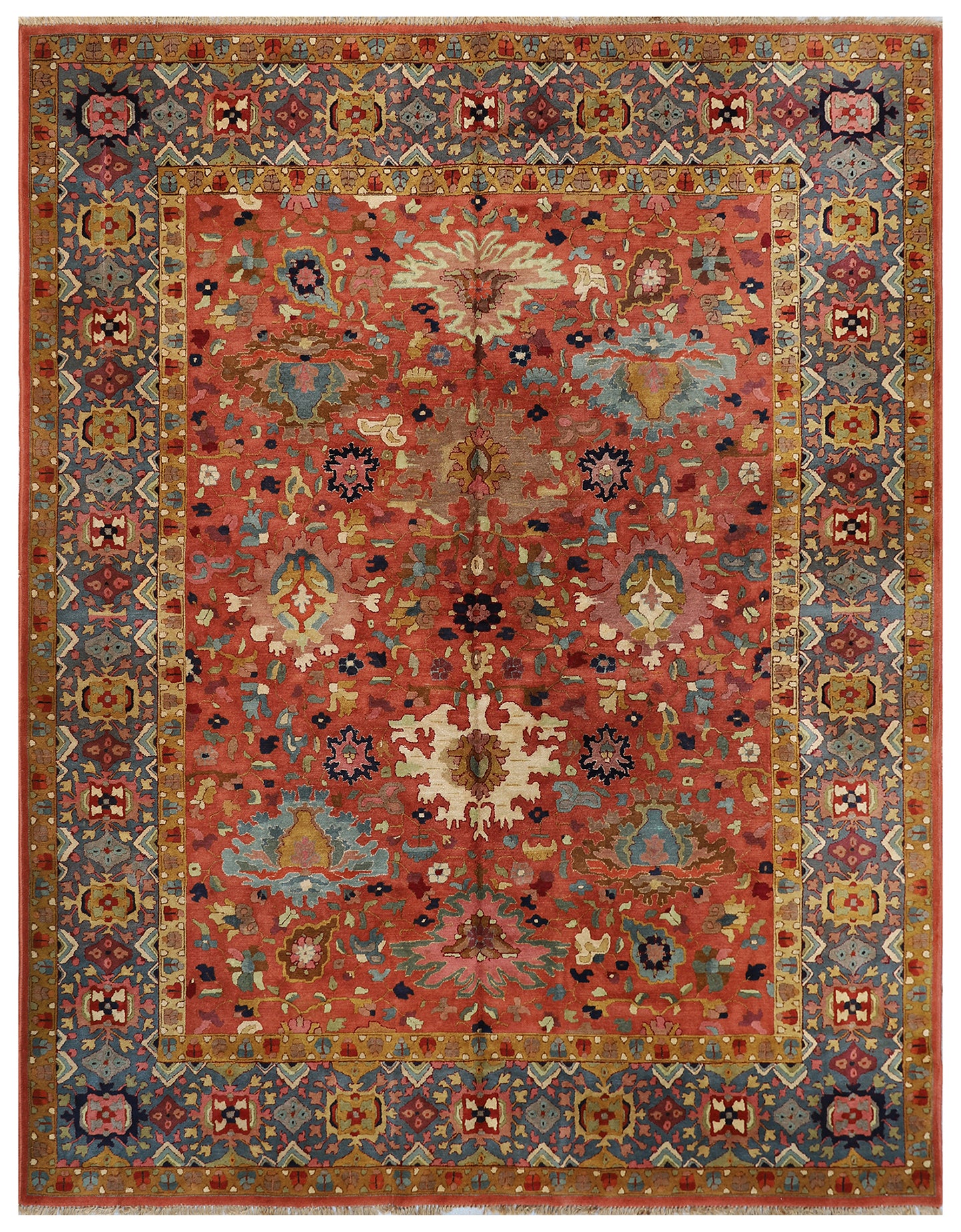 8'x11' Antique Caucasian Design German Tetex Tufted Rug Rust Blue Grey Ivory Rug