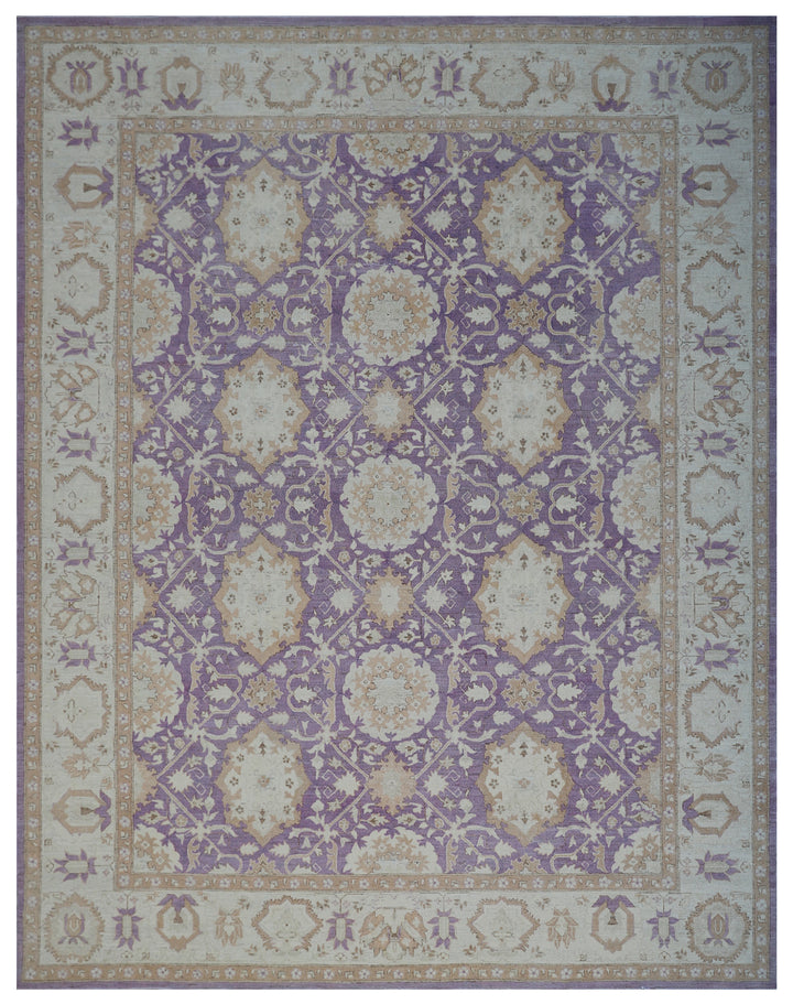 A traditional Persian-style wool rug with a purple background and intricate white and gold floral patterns.