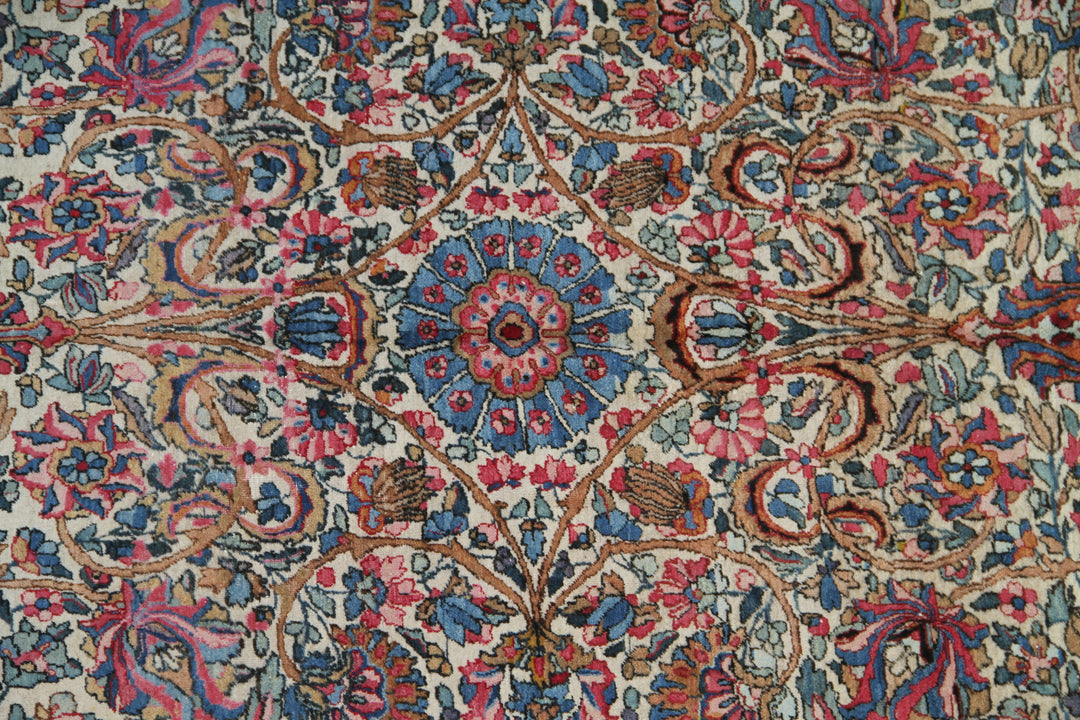 Antique Persia Kerman Rug | Ivory Pink Blue Floral Rug
