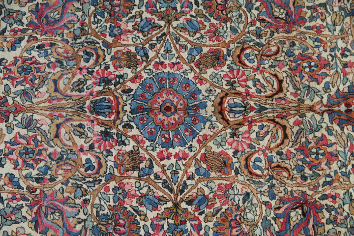 Antique Persia Kerman Rug | Ivory Pink Blue Floral Rug