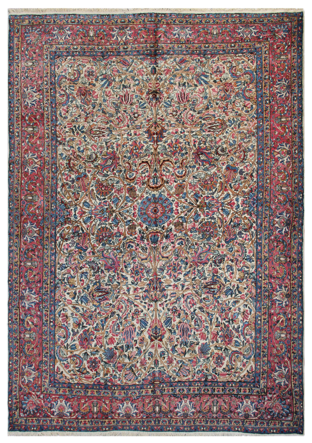 Antique Persia Kerman Rug | Ivory Pink Blue Floral Rug