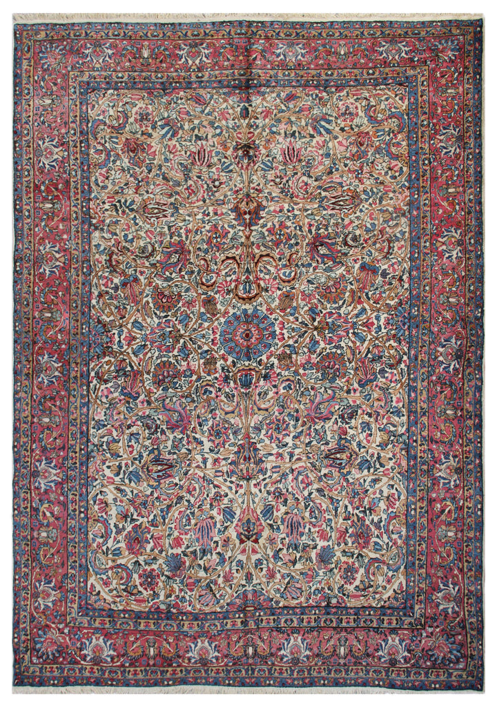 Antique Persia Kerman Rug | Ivory Pink Blue Floral Rug
