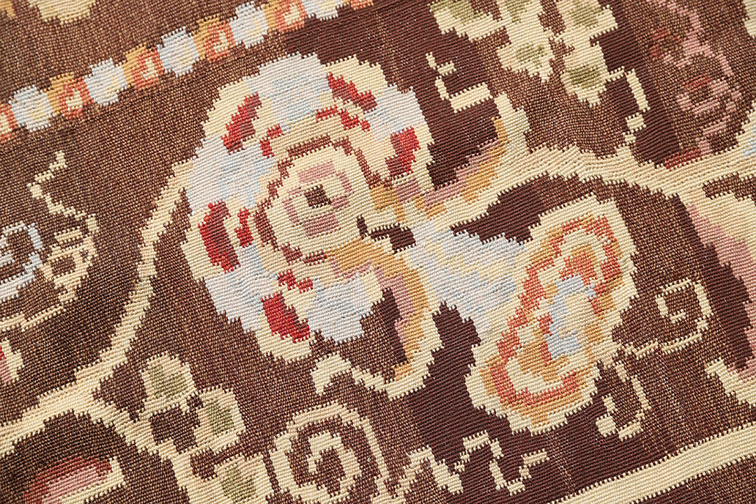 Square Brown Kilim |Ice Blue Aubusson Weave Area Rug