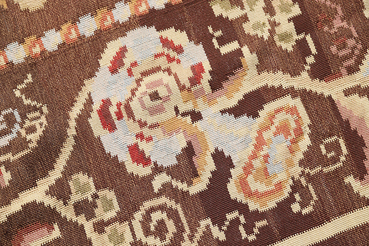 Square Brown Kilim |Ice Blue Aubusson Weave Area Rug