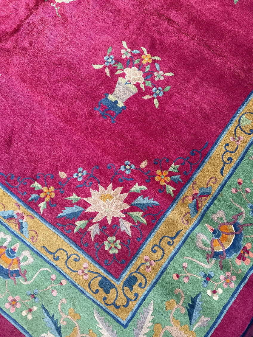Pink Chinese Rug 10'x13' Vintage Chinese Art Deco Rug | Pink & Green Rug – Ariana Rugs