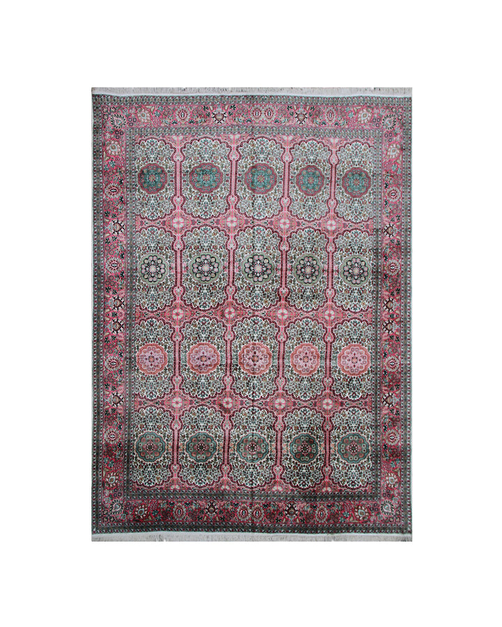 9x12 White & Pink Kashmir Floral Rug | Unique Artificial Silk Design