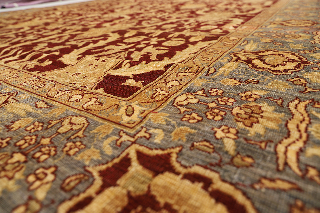 9'x12' Hand-Knotted Afghan Agra Rug – Organic Wool, Burgundy & Blue