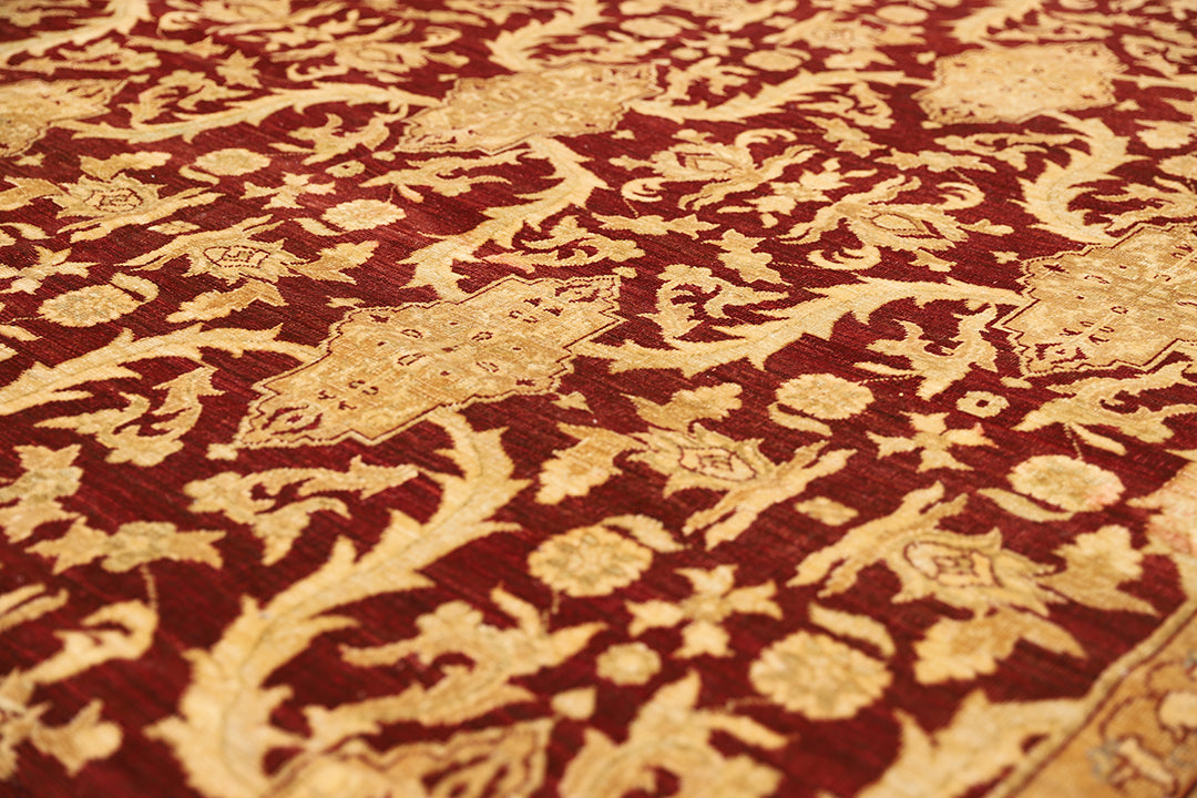 9'x12' Hand-Knotted Afghan Agra Rug – Organic Wool, Burgundy & Blue