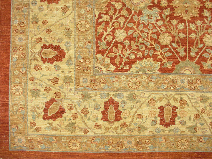 10'x14' Red Orange, Blue and Gold Very Fine Tabriz Design Wool and Silk Highlight Ariana Traditional