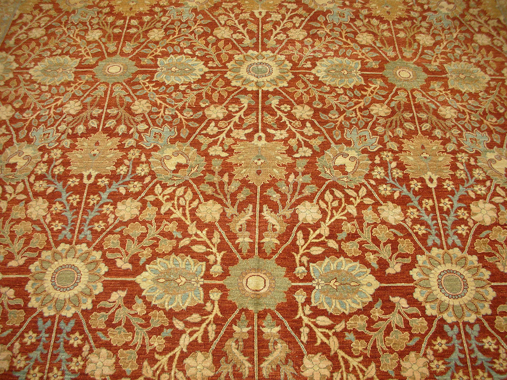 10'x14' Red Orange, Blue and Gold Very Fine Tabriz Design Wool and Silk Highlight Ariana Traditional