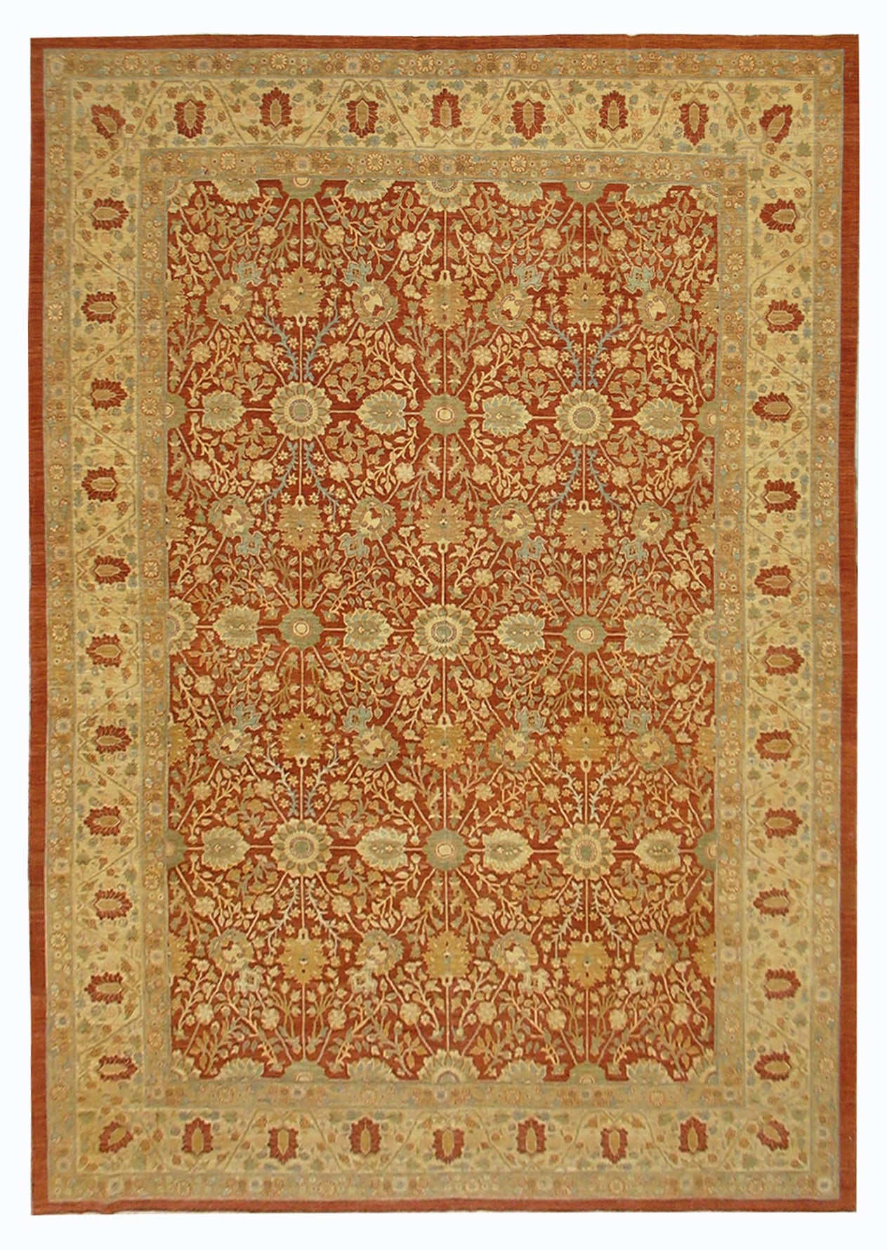 10'x14' Red Orange, Blue and Gold Very Fine Tabriz Design Wool and Silk Highlight Ariana Traditional