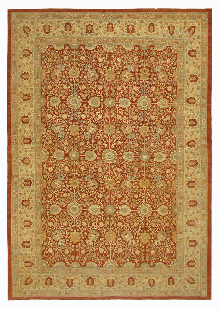 10'x14' Red Orange, Blue and Gold Very Fine Tabriz Design Wool and Silk Highlight Ariana Traditional